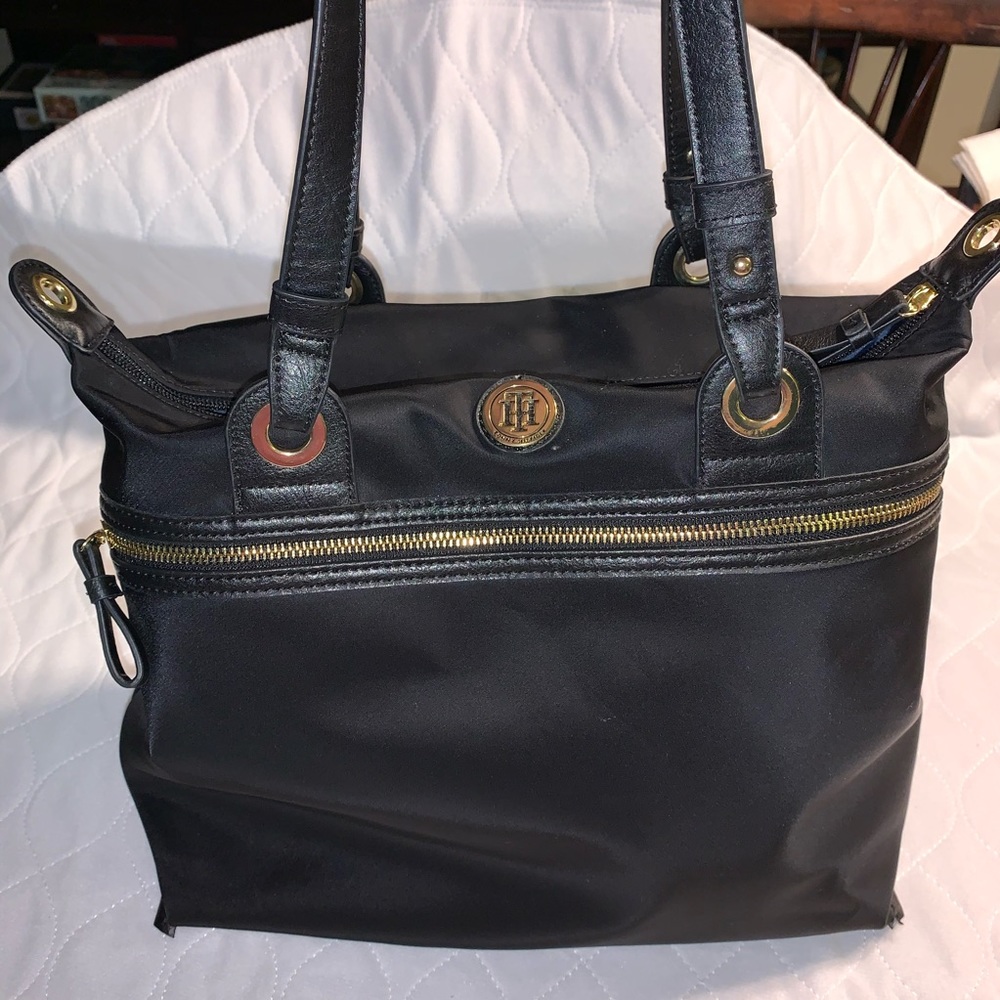 Tommy Hilfiger Black Nylon Tote Shoulder Bag gold